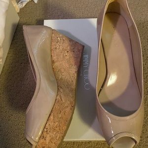 Jimmy Choo tan patent leather peep toe wedges!